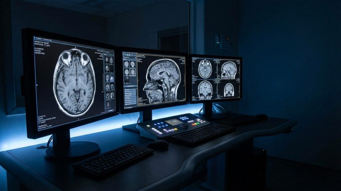 Medical imaging workstation displaying brain scan MRI