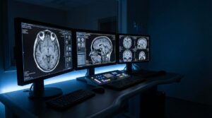 Medical imaging workstation displaying brain scan MRI