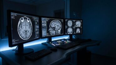 Medical imaging workstation displaying brain scan MRI