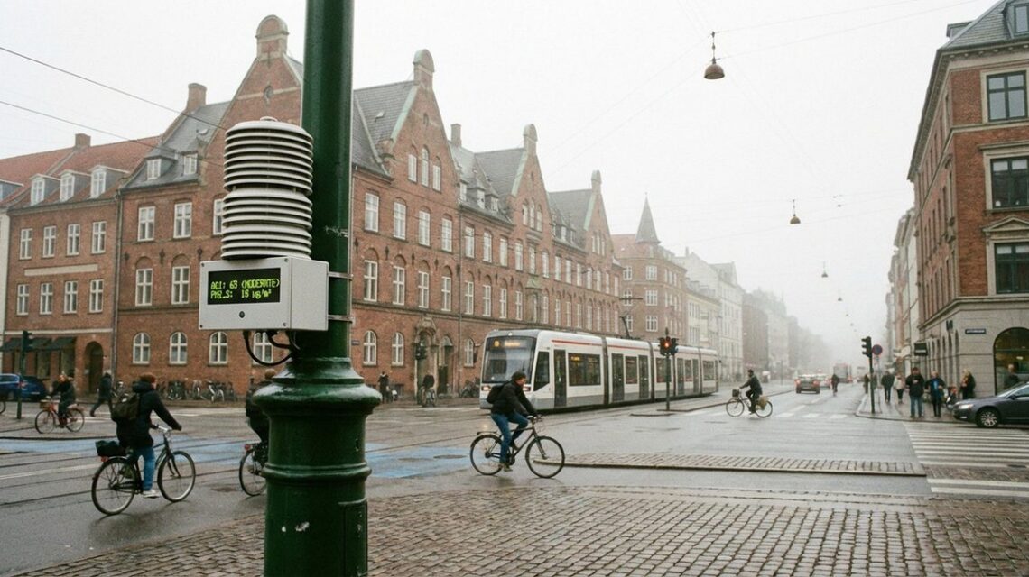 Air quality sensor mounted on lamppost in European city street