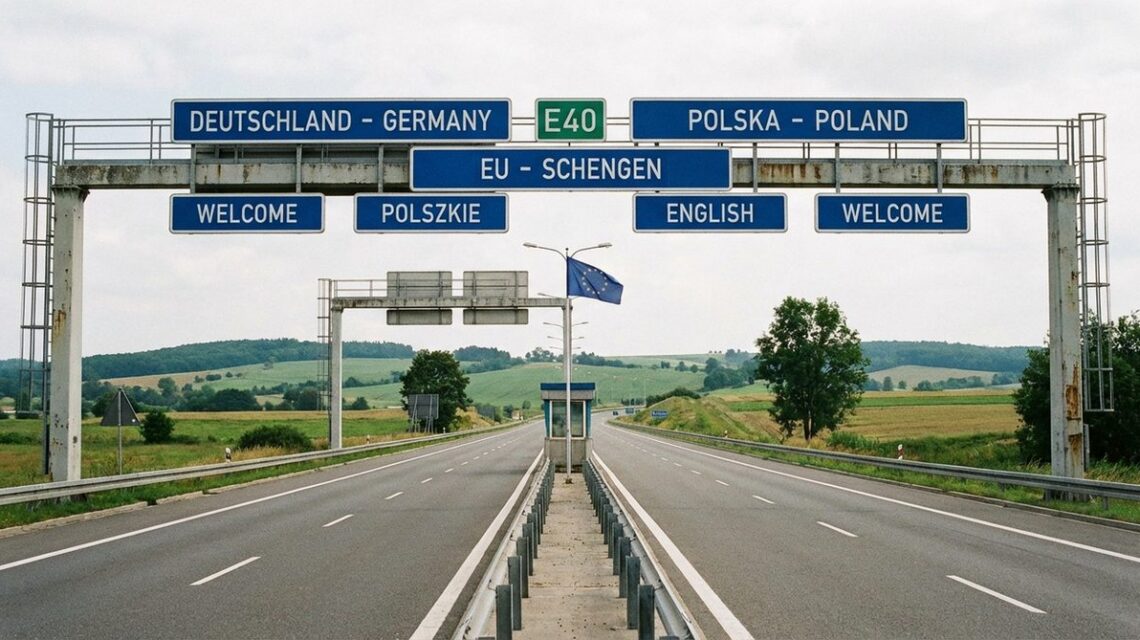 European border crossing point with multilingual signs