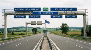 European border crossing point with multilingual signs