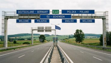 European border crossing point with multilingual signs