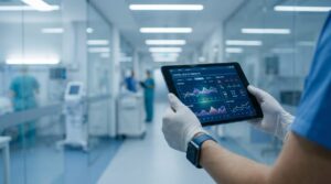 Healthcare worker using tablet with health data in hospital corridor