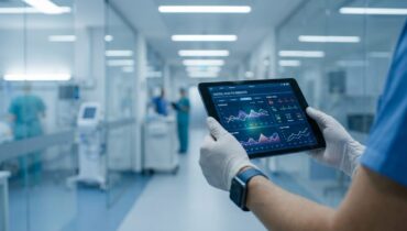Healthcare worker using tablet with health data in hospital corridor