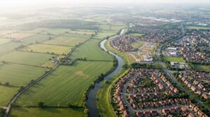 European landscape showing boundary between nature and urban development