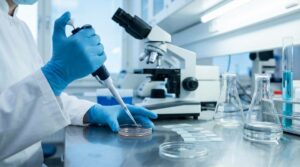 Medical researcher working with laboratory equipment for cancer research