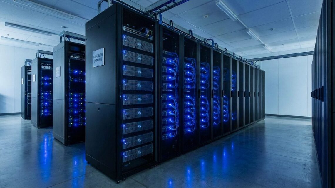 Server room with data storage units and blue LED lights
