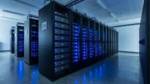 Server room with data storage units and blue LED lights