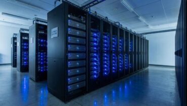 Server room with data storage units and blue LED lights