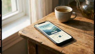 Smartphone displaying wellness app on wooden desk